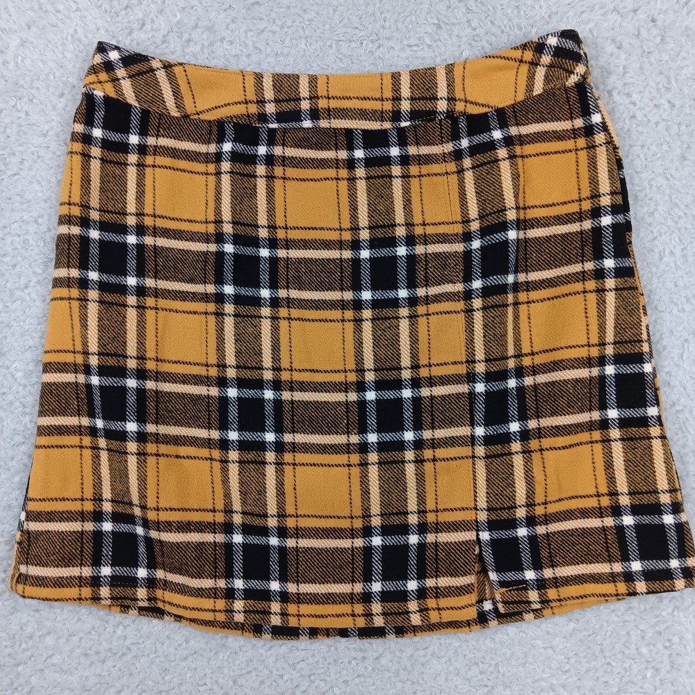 No Boundaries Mini Skirt Womens L (11-13) Mustard Yellow Plaid Back Zip Slit